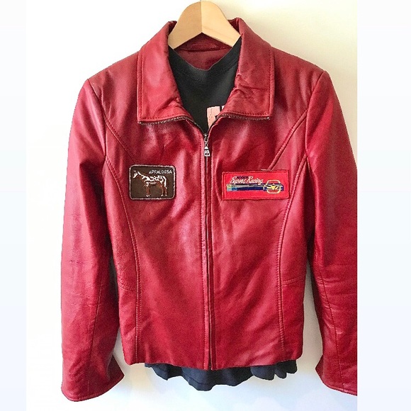 Red leather biker jacket vintage racing varsity patches moto motorcycle … - Picture 3 of 11